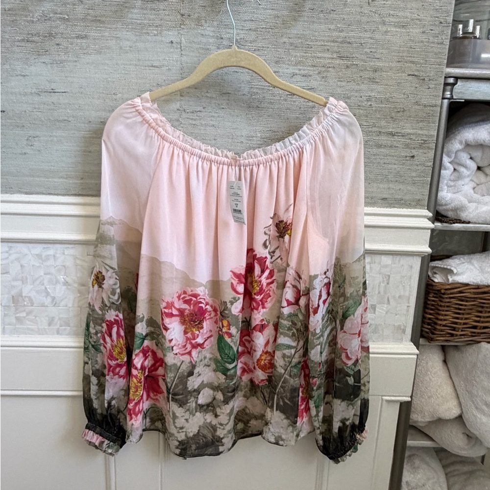 NWT new medium WHBM placed floral Off the shoulder top pink long sleeve blouse